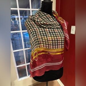 Vintage Burgundy Plaid Equestrian Print Scarf 39” Square Polyester Shawl Wrap